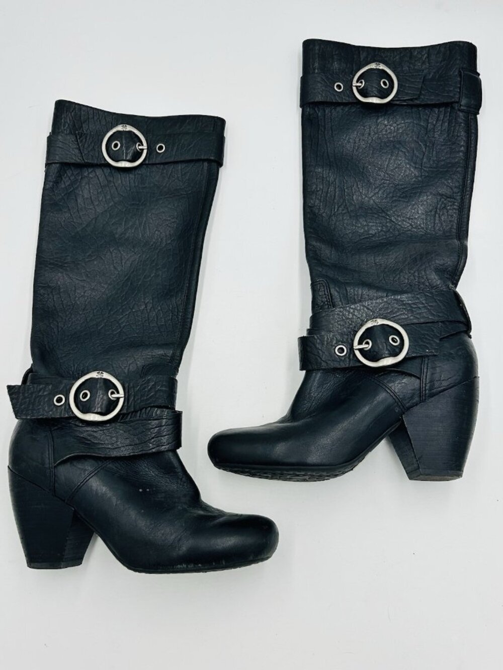 Lucky Brand Black Leather Candie Knee High Boots 6.5M Block Heel Double Buckle